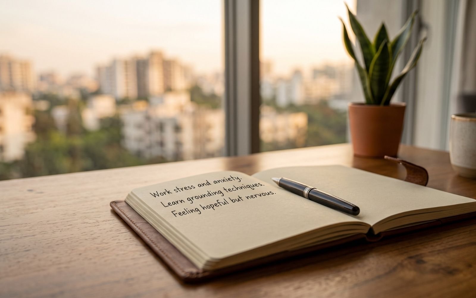Open notebook and pen on a wooden desk in soft light, ready for three lines before a first therapy session