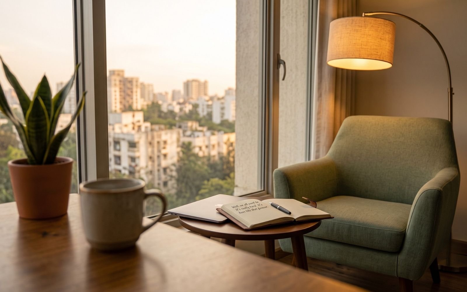 Quiet corner with a chair and a warm lamp, a calm private space for online therapy