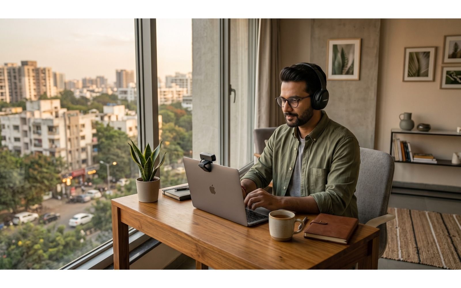 Person sitting at a desk by a window with a laptop, preparing for an online therapy session at home